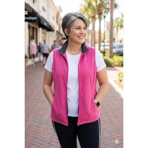 Womens 1X Hot Pink Fleece Vest Grannycore Lightweight Travel Casual Plus-size